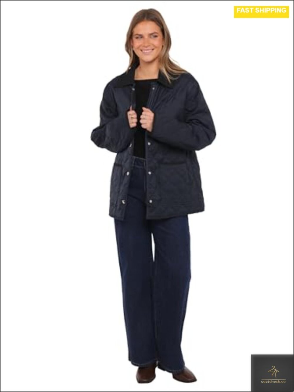 Quilted Barn Jacket with Spread Collar, Lightweight Polyester, Button Front